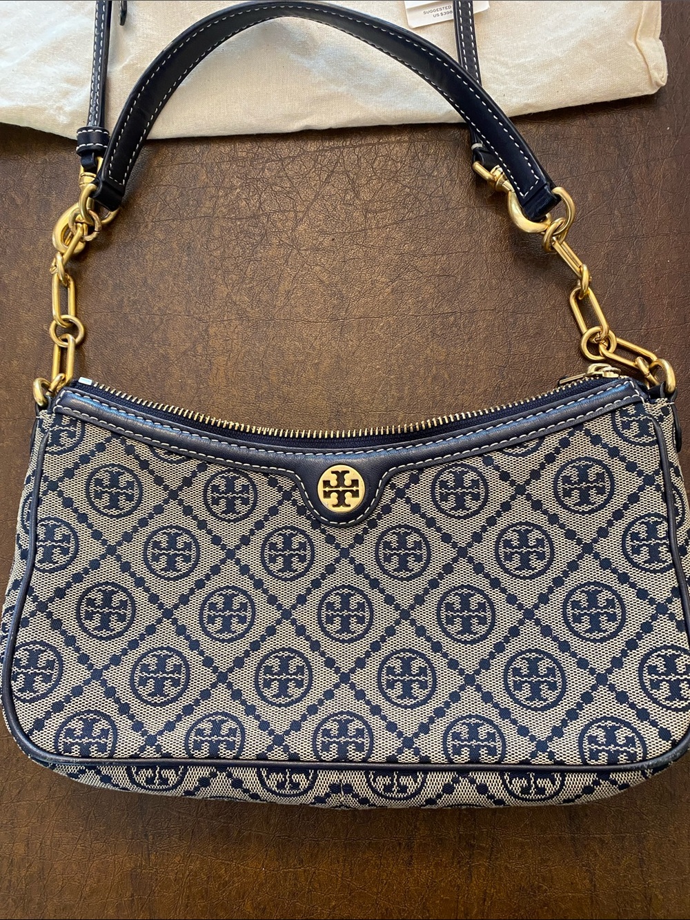 Tory Burch Navy and Beige Logo Jacquard Shoulder Bag - Picture 2 of 8